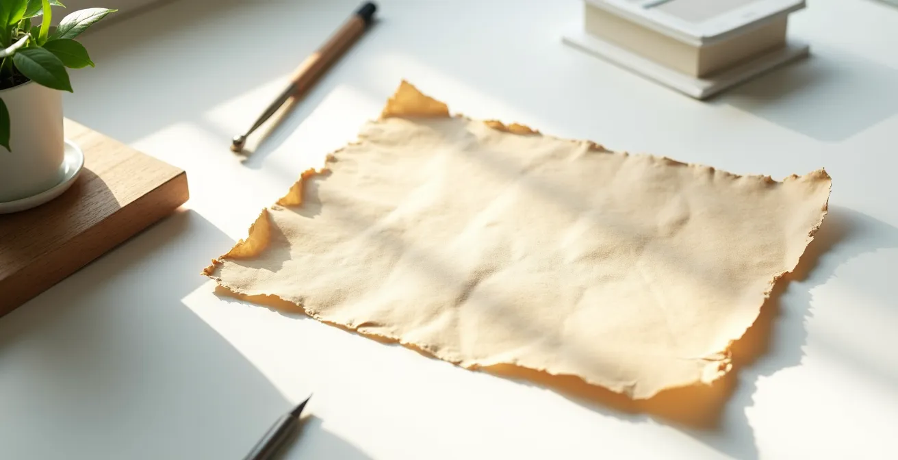 Arbeitsplatz eines Graveurs mit historischem Dokument und moderner Digitalisierungstechnik