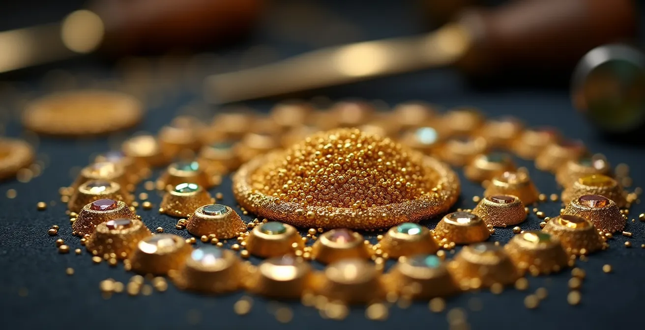 Makroaufnahme von Goldpartikeln und Edelsteinen während der Umarbeitung in einer Goldschmiede