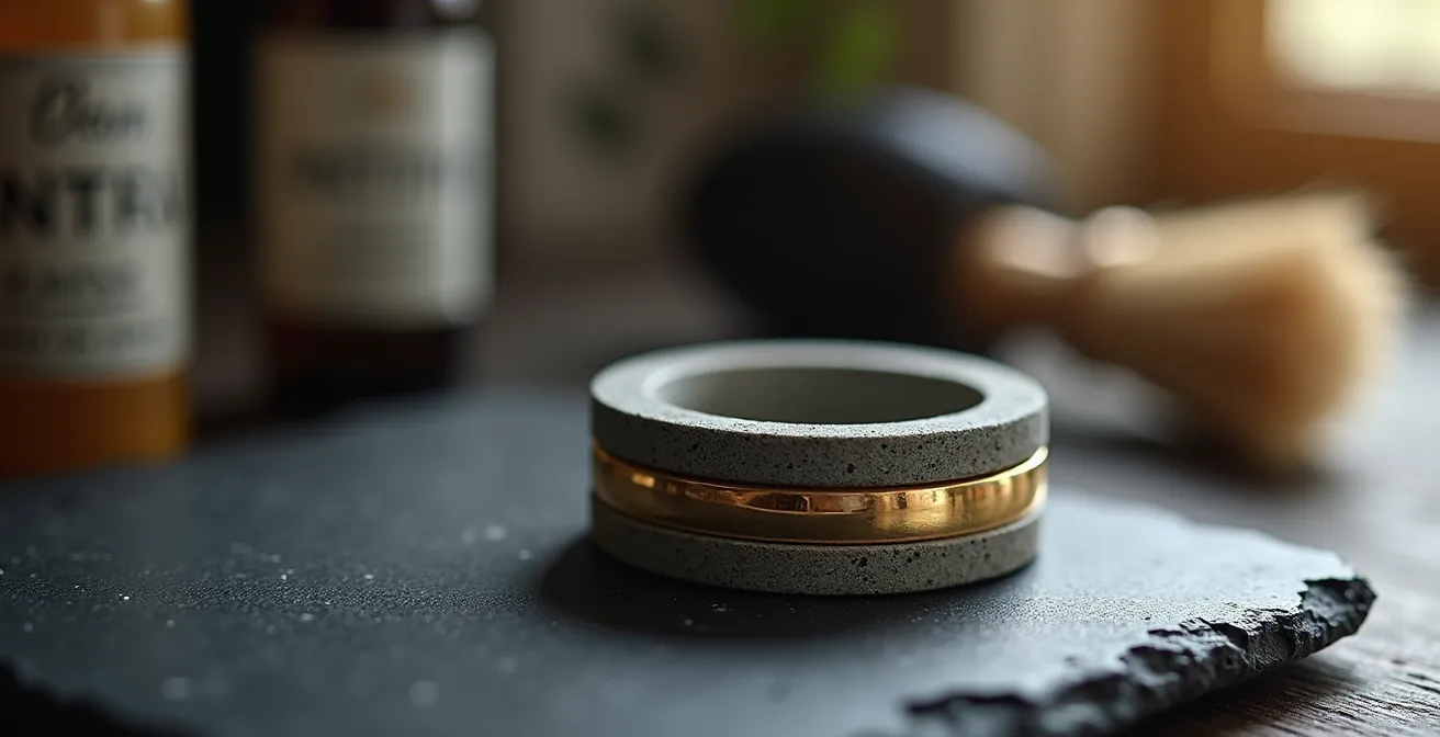 Nahaufnahme von Schmuckstücken aus Beton und Gold mit Pflegeutensilien