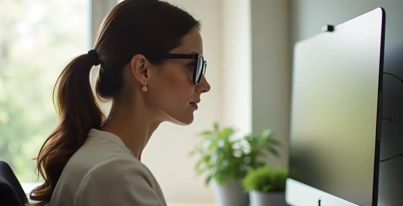 Professionelle Frau mit Brille und dezenten Ohrringen im Home-Office Setting