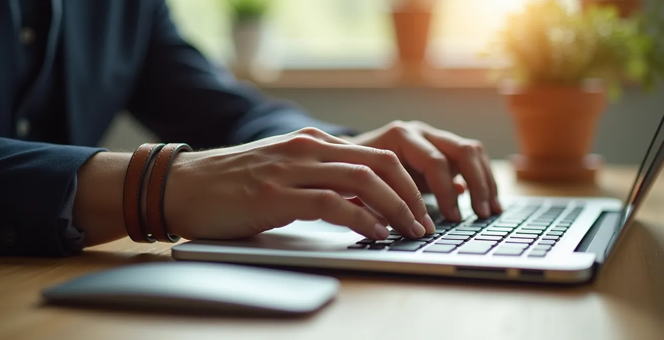 Nahaufnahme von Händen, die auf einer Tastatur tippen und ein breites, leises Lederarmband anstelle von klimpernden Metallreifen tragen.