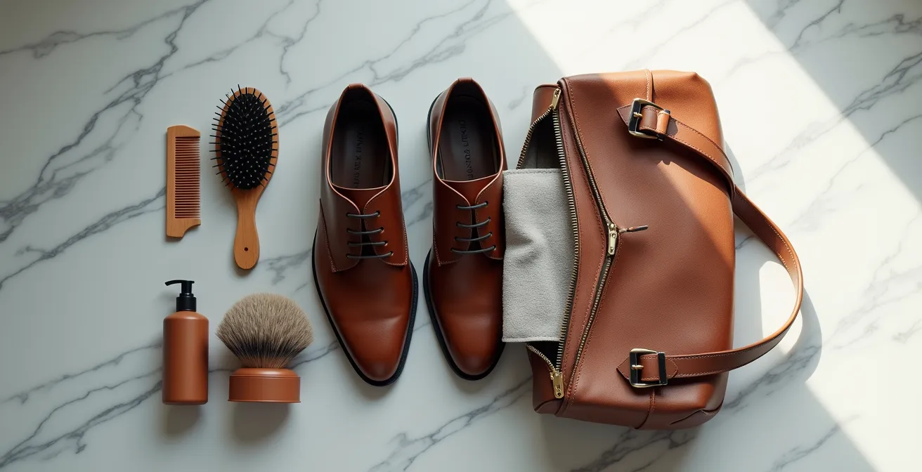 Elegante Business-Tasche mit Pflegeprodukten für Schuhe und Haare