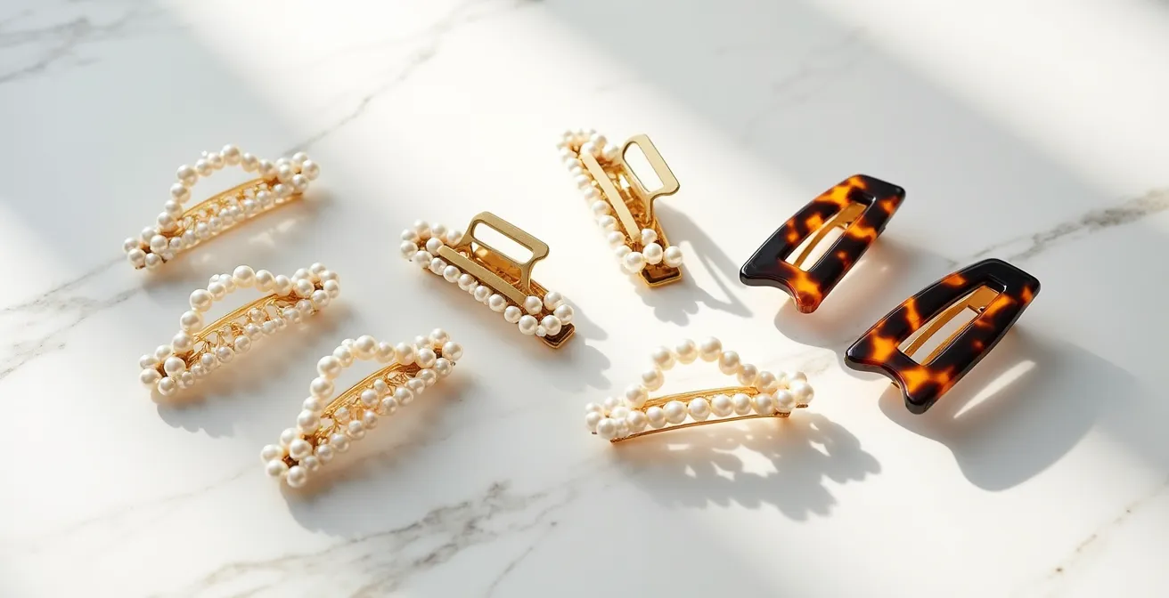 Minimalistische Präsentation hochwertiger Designer-Haarspangen