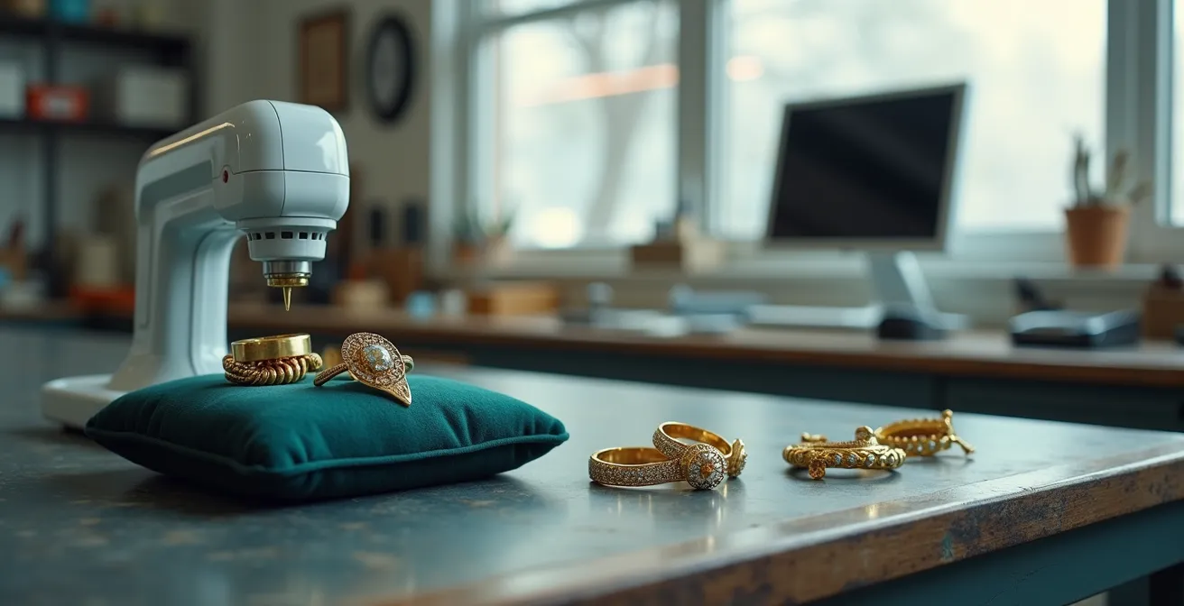 Weitwinkelaufnahme eines modernen Ateliers mit 3D-Scanner und antikem Schmuck