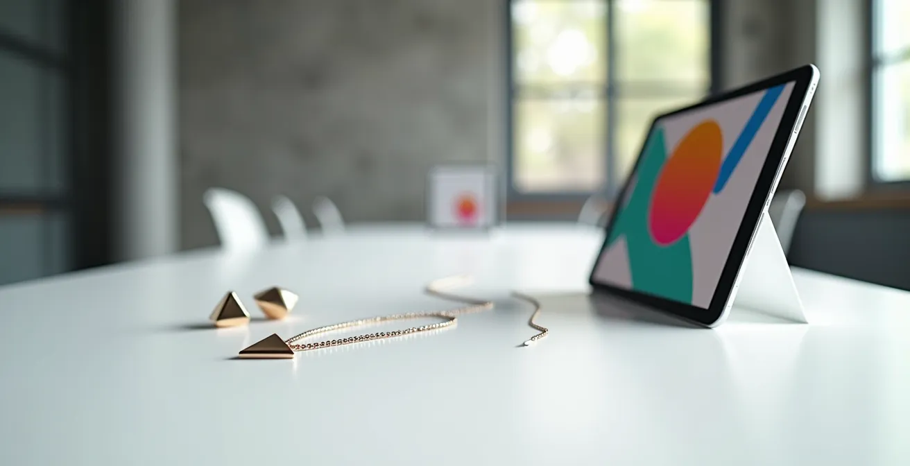 Futuristische Darstellung von digitalem und physischem Schmuck im Bauhaus-Stil