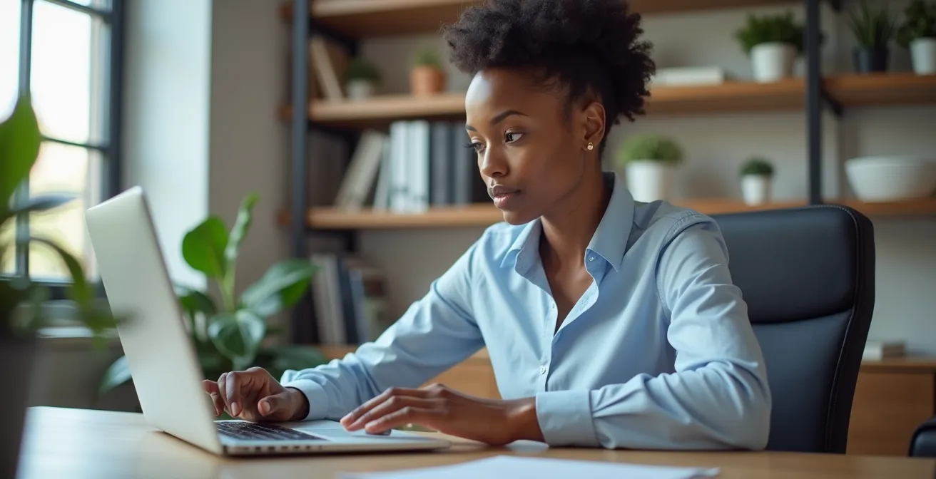 Person im stilvollen Home-Office-Look mit Blazer und bequemer Hose beim konzentrierten Arbeiten