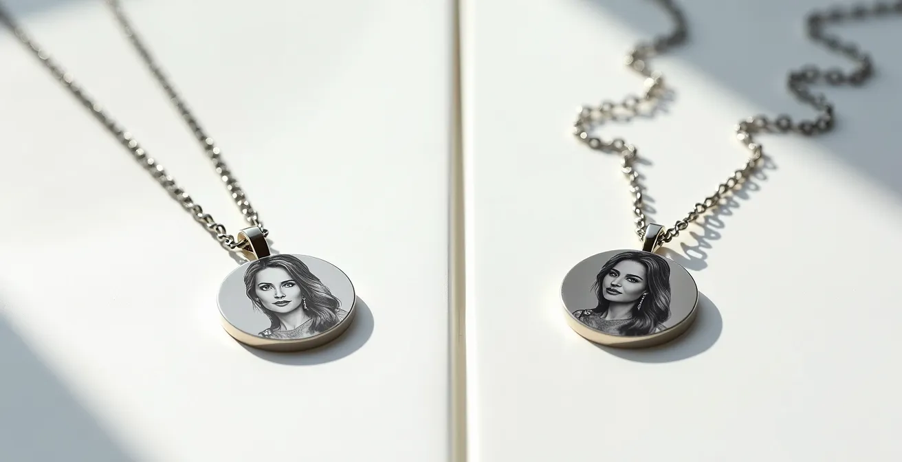 Zwei Schmuckanhänger zeigen den Unterschied zwischen hochauflösender und niedrigauflösender Fotogravur