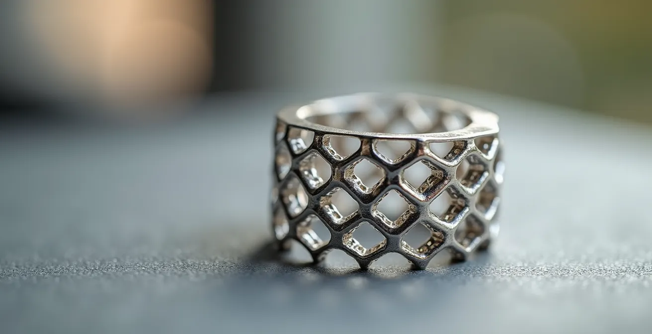 Makroaufnahme einer komplexen Gitterstruktur in 3D-gedrucktem Schmuck, die mit traditionellen Methoden unmöglich wäre.