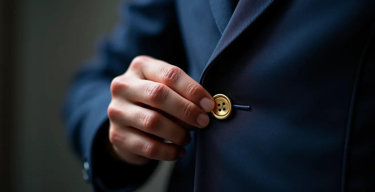 Detailaufnahme einer Blazer-Transformation mit goldenen Knöpfen