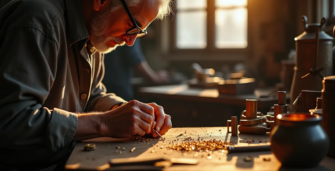 Traditionelle Goldschmiedewerkstatt mit Handwerkzeug und Arbeitsplatz