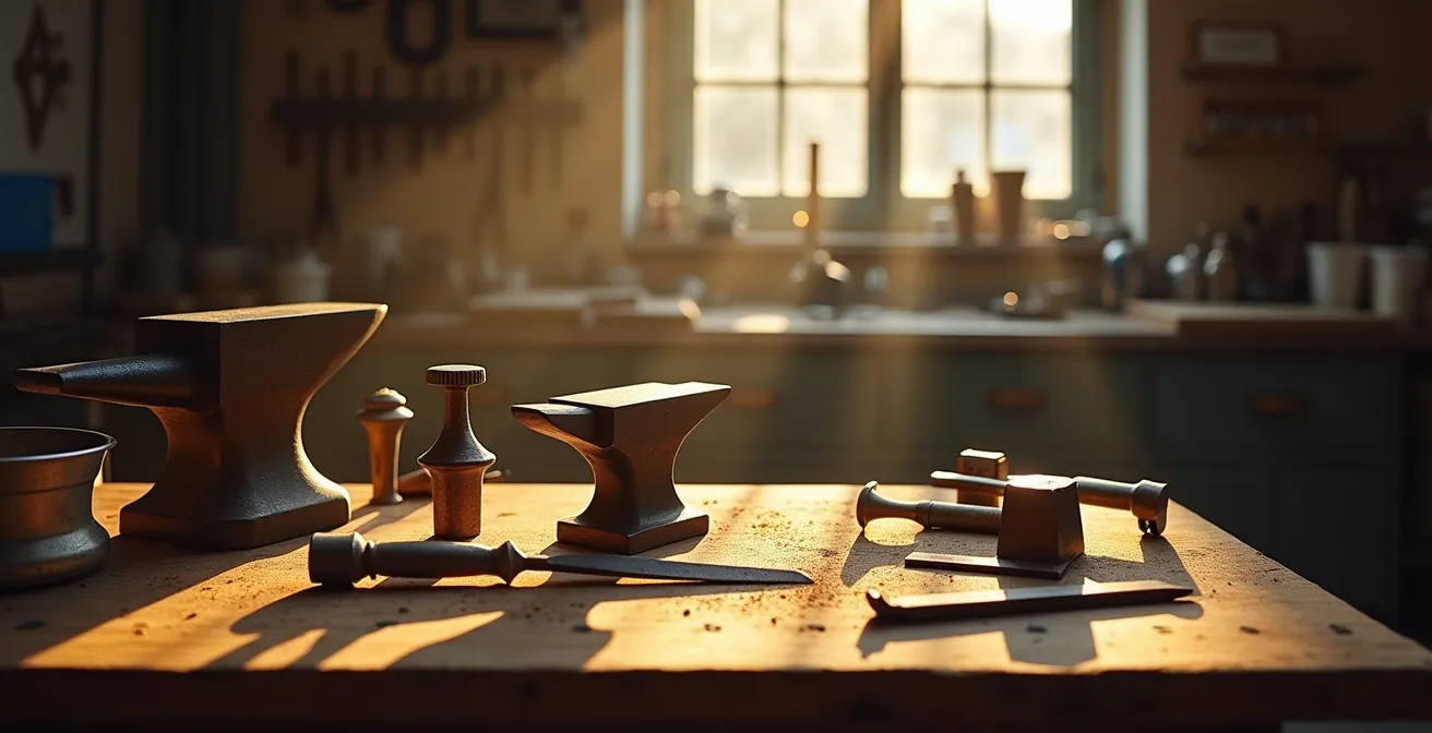 Atmosphärische Werkstattszene zeigt traditionelle Goldschmiedewerkzeuge und Arbeitsplatz