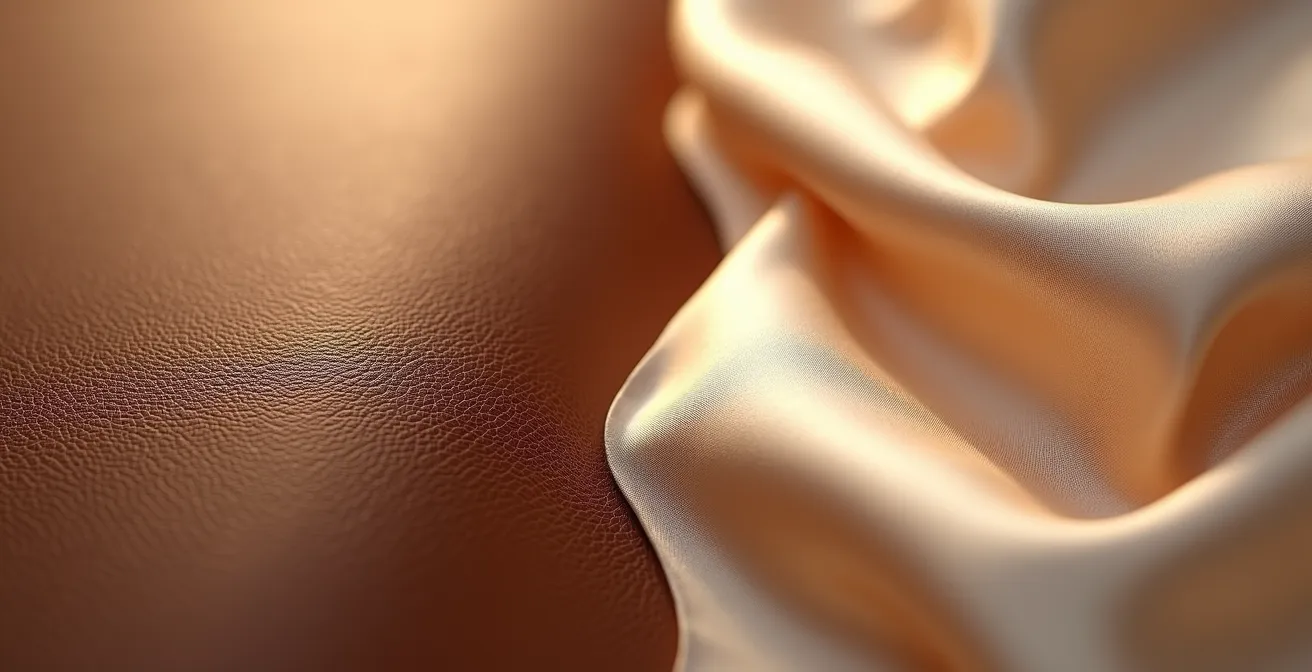 Kontrast zwischen Ledertextur und fliessender Seide für visuelle Spannung