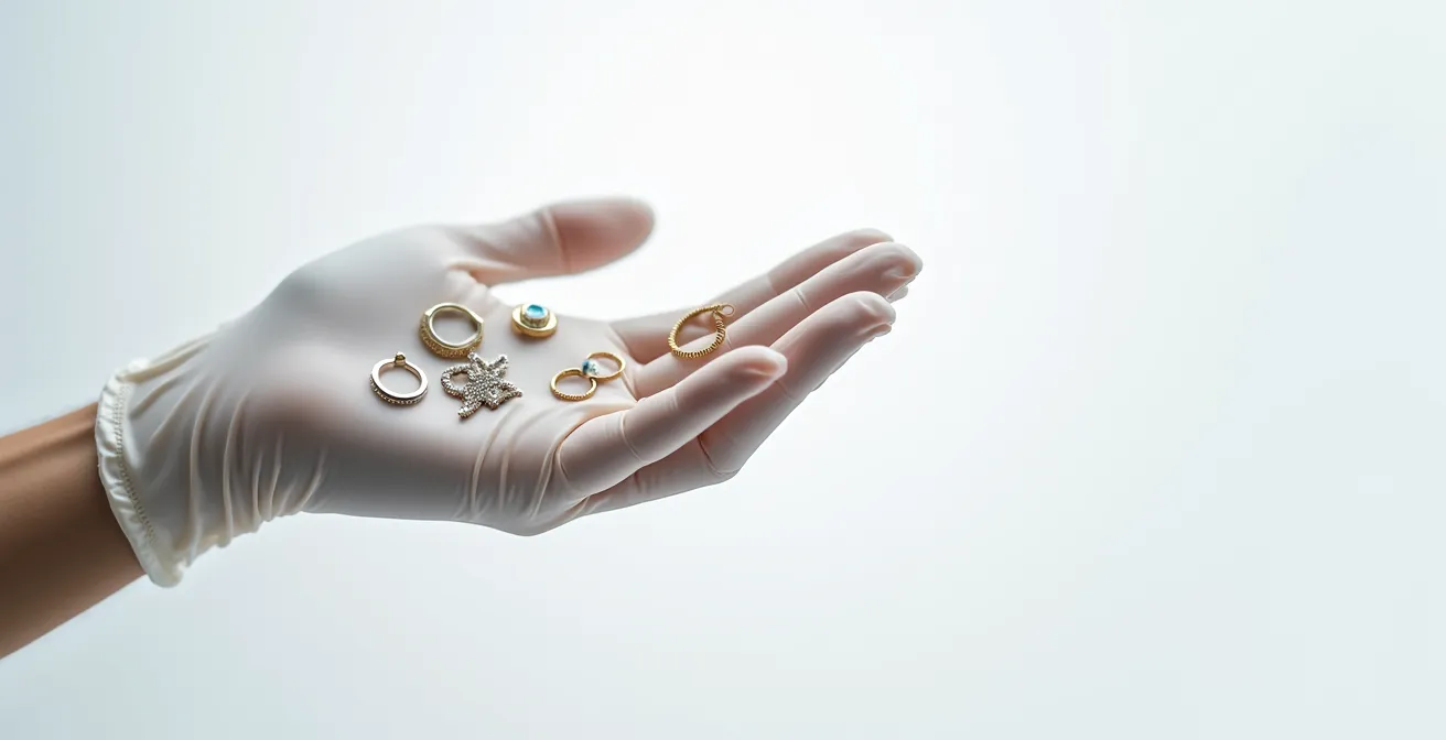 Wissenschaftliche Nahaufnahme einer Hautuntersuchung mit verschiedenen Metallproben