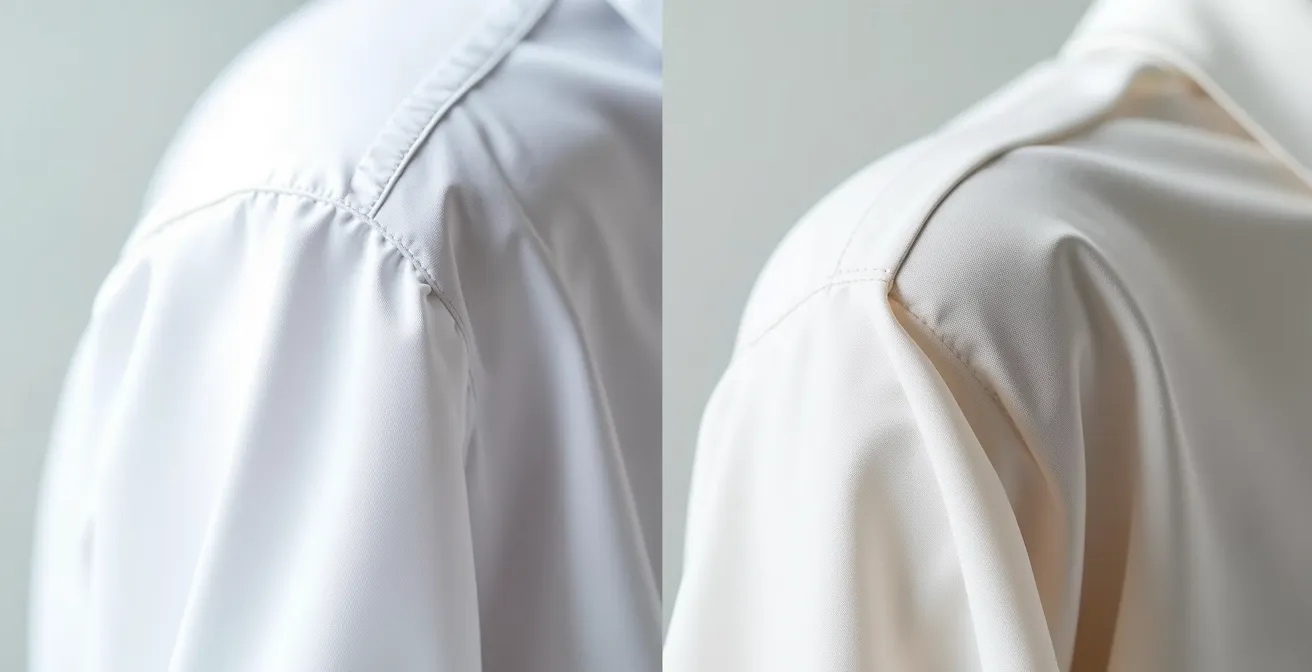 Nahaufnahme zeigt strukturierte Schulterpartie eines Herrenhemds im Vergleich zur weichen Raglanform einer Damenbluse