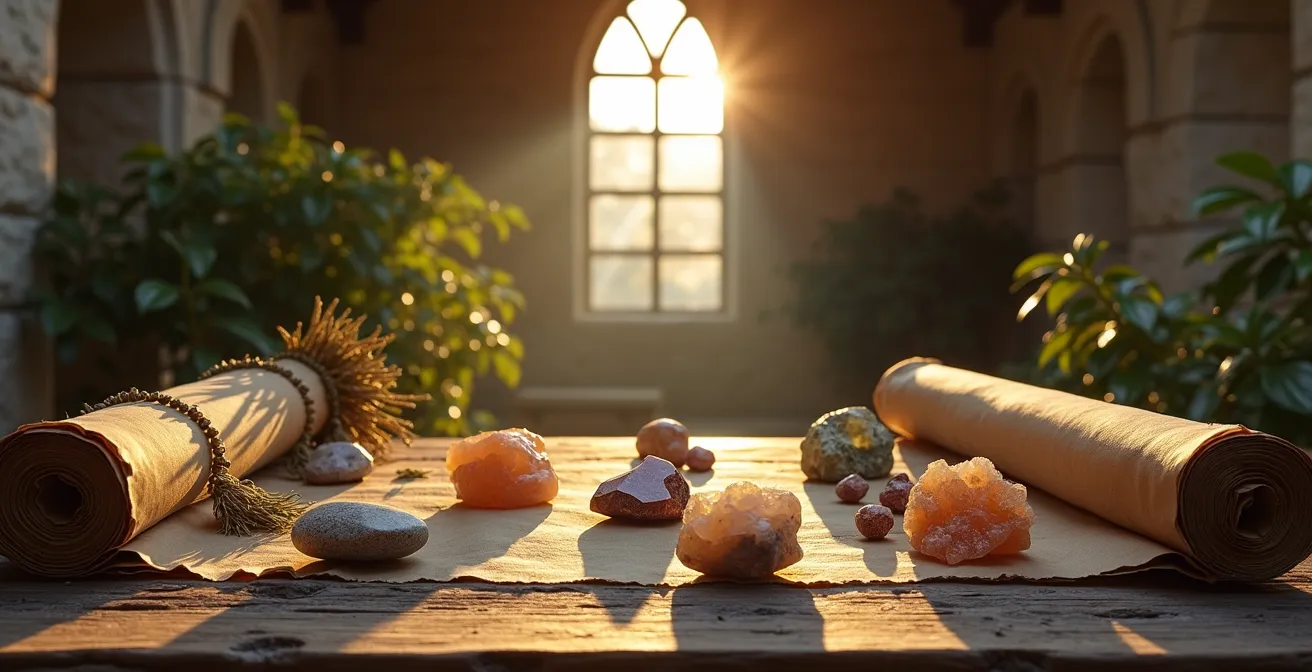 Mittelalterliche Darstellung von Heilsteinen in klösterlicher Umgebung