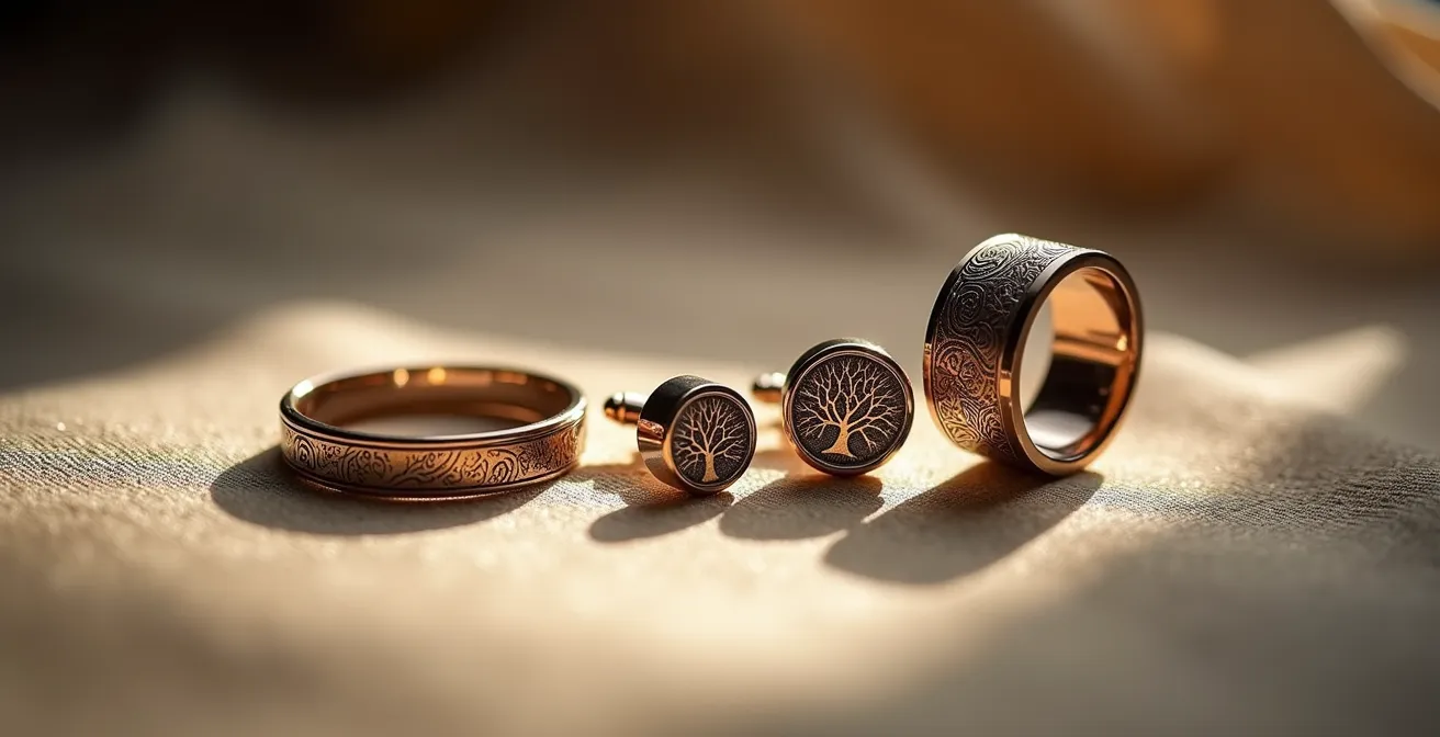 Schmuckstücke mit symbolischen Gravuren für verschiedene Hochzeitsjubiläen