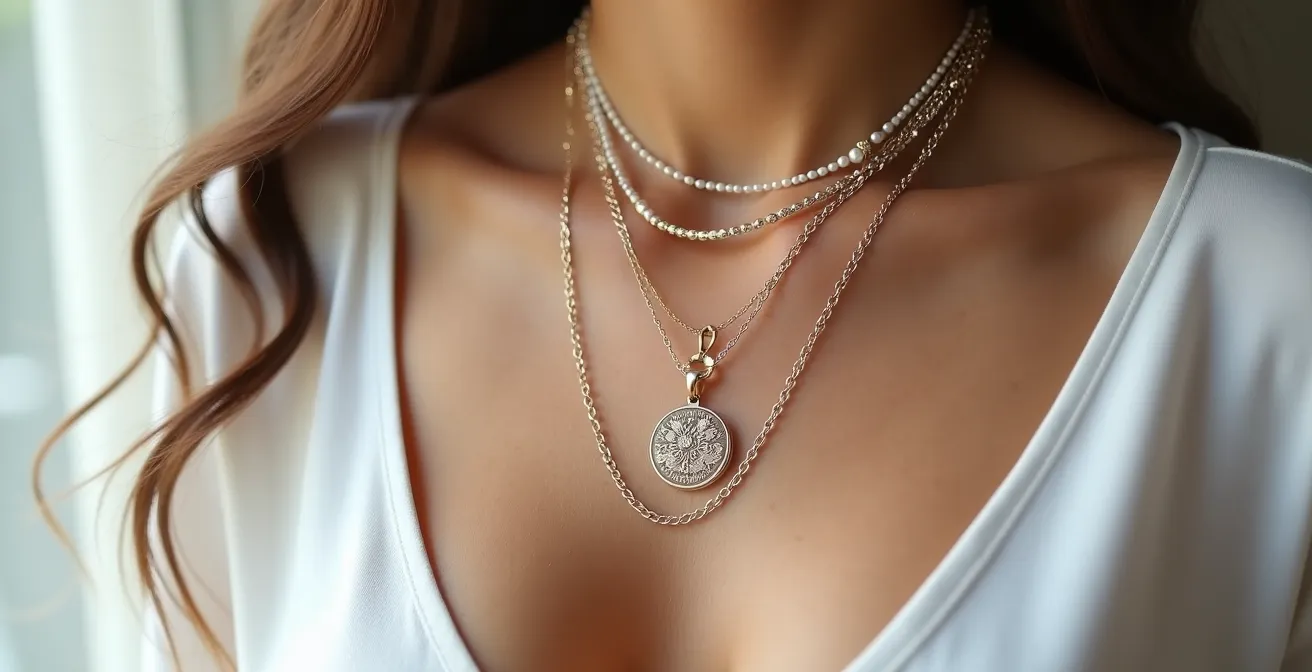 Stilvolles Layering mehrerer Halsketten mit graviertem Anhänger als Mittelpunkt
