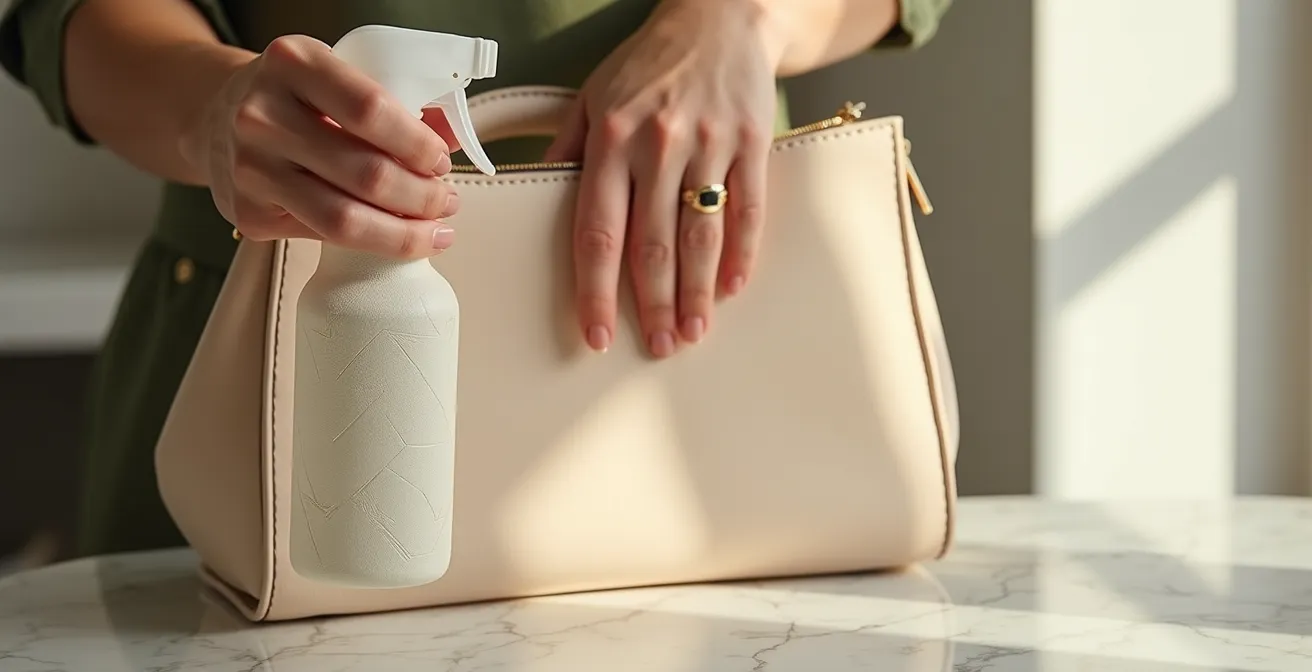 Hände sprühen Imprägnierspray auf helle Ledertasche