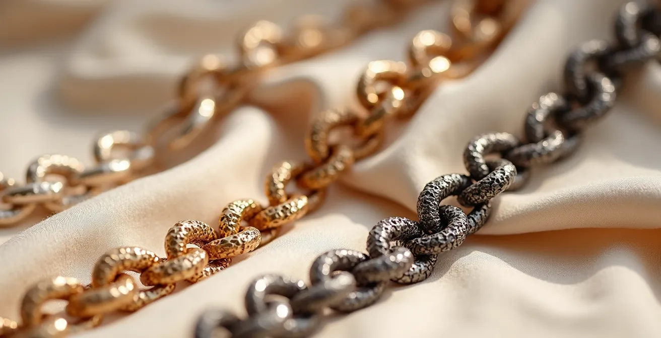 Verschiedene Statement-Ketten aus leichten Materialien auf Stoffunterlage