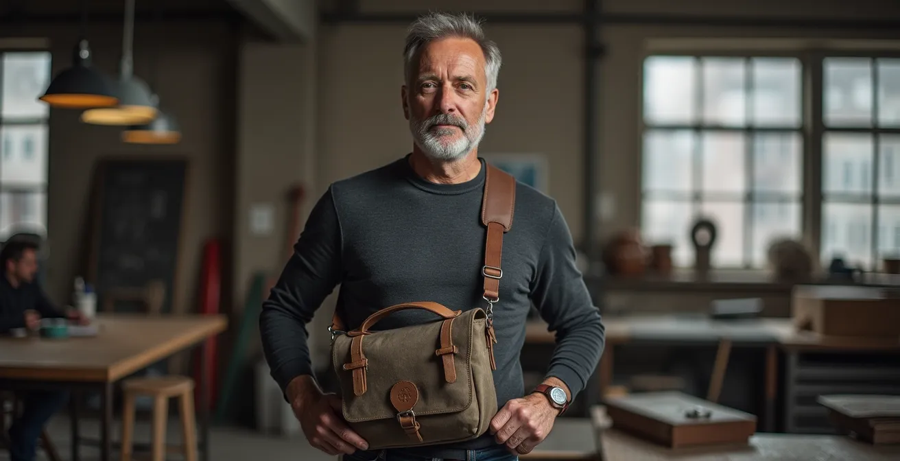 Maskuline Upcycling-Tasche aus Feuerwehrschläuchen in urbaner Umgebung