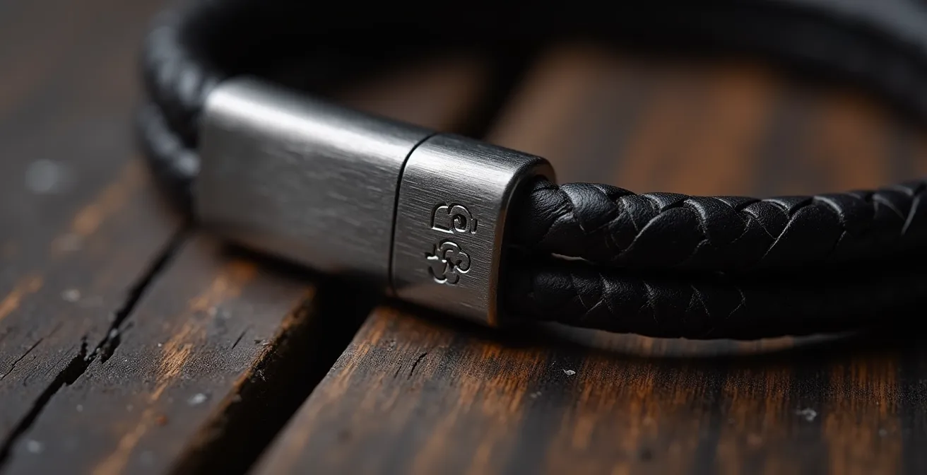 Makroaufnahme eines Lederarmbands mit dezenter Metallplakette