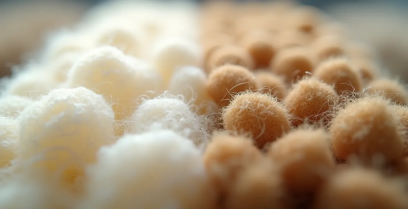 Mikroskopische Aufnahme von recycelten Wollfasern mit sichtbaren Längenunterschieden