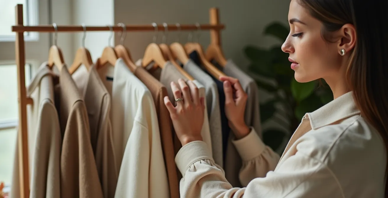 Aufgeräumter minimalistischer Kleiderschrank mit sorgfältig organisierten Kleidungsstücken