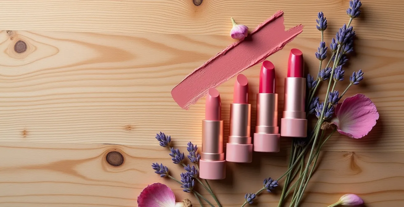 Arrangement von natürlichen Lippenstiften mit Bio-Zutaten auf Holzuntergrund