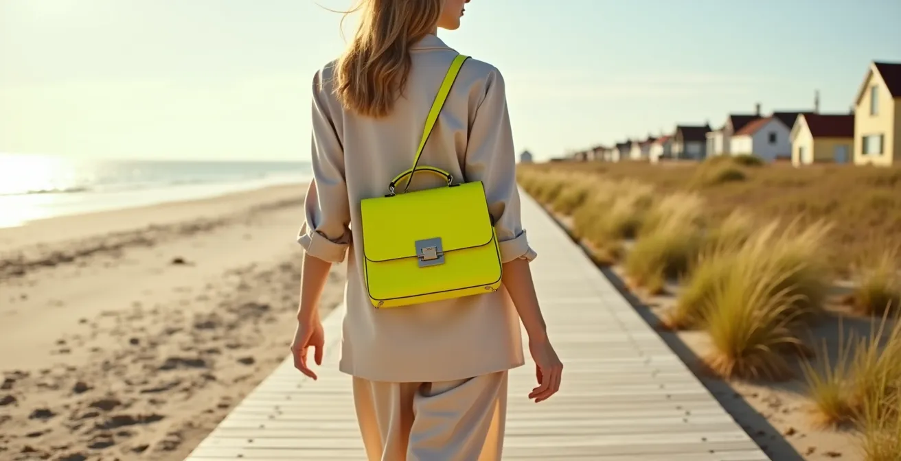 Neongelbe Designertasche als visueller Ankerpunkt zu beigem Sommeroutfit