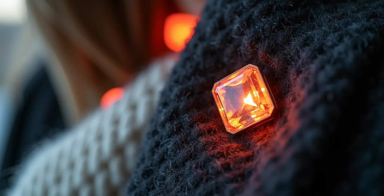 Nahaufnahme von leuchtendem Neonschmuck, der auf einem dunklen Winterstoff wie Wolle oder Kaschmir getragen wird und einen starken Kontrast bildet.