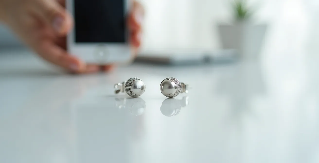 Eine Person dokumentiert mit ihrem Smartphone ein Paar elegante Ohrringe auf weissem Hintergrund für eine Online-Rücksendung.