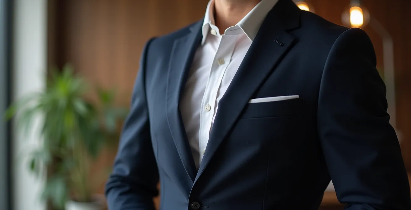 Nahaufnahme eines perfekt sitzenden Blazers mit Details der Schulterpartie