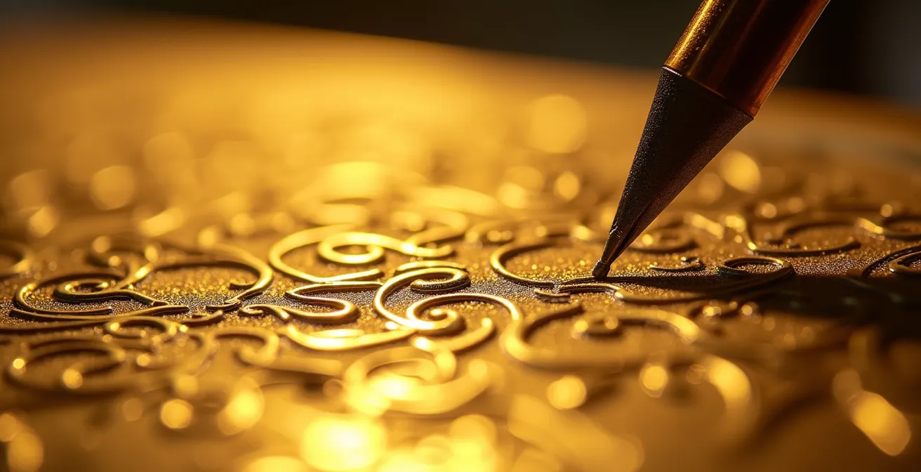 Makroaufnahme einer Gravur auf einem Schmuckstück mit emotionaler Bedeutung