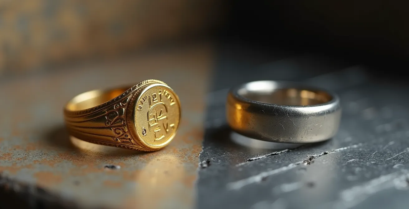 Direkter Vergleich zwischen einem PVD-beschichteten Schmuckstück mit makelloser Oberfläche und einem klassisch vergoldeten Stück mit sichtbaren Abnutzungsspuren.