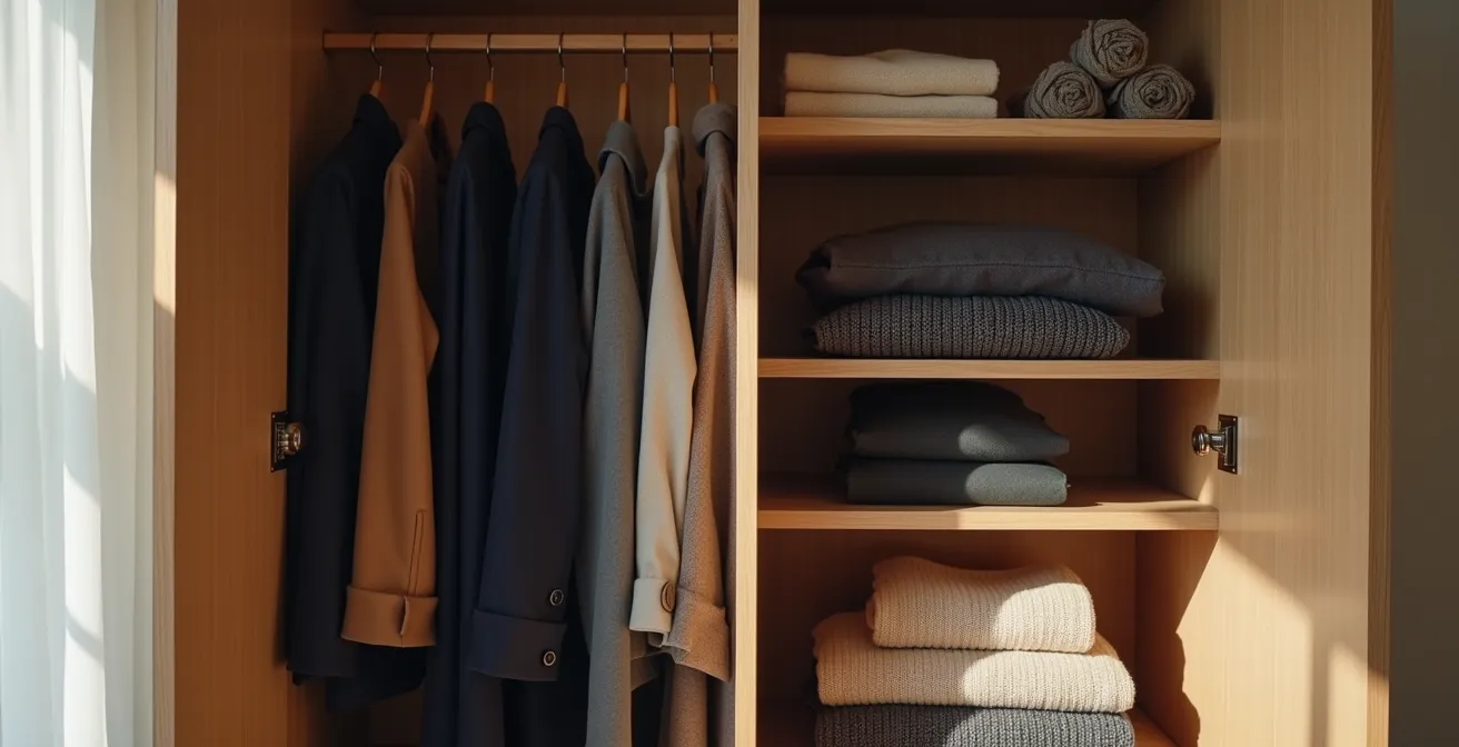 Aufgeräumter Kleiderschrank mit saisonal organisierten Wintermänteln und Herbstkleidung