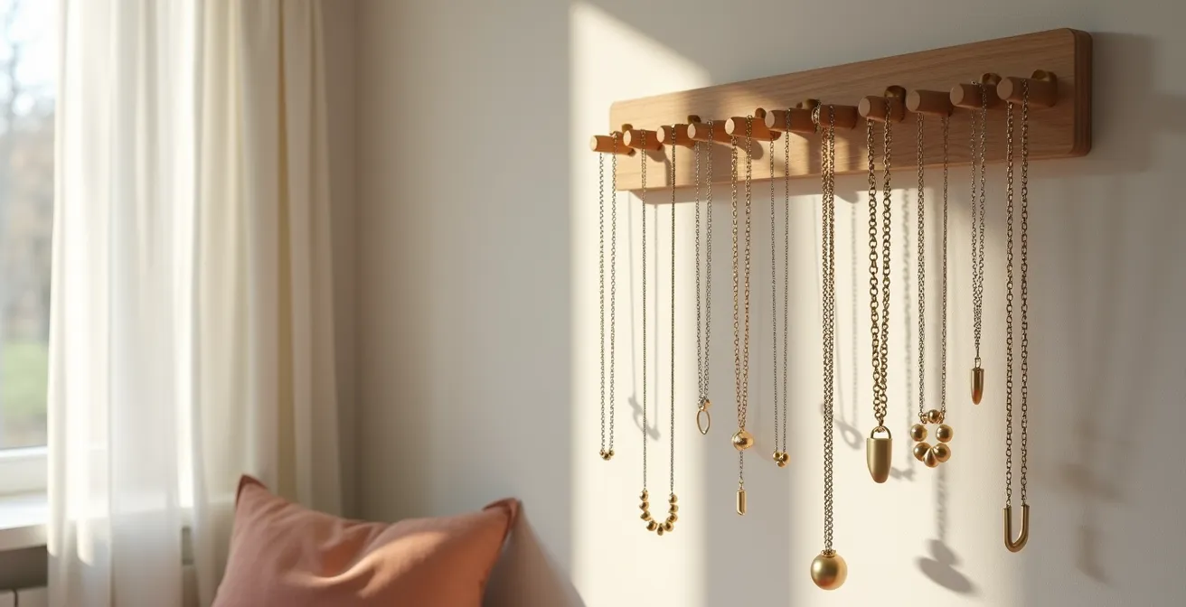 Elegantes Schmuckaufbewahrungssystem mit hängenden Statement-Ketten