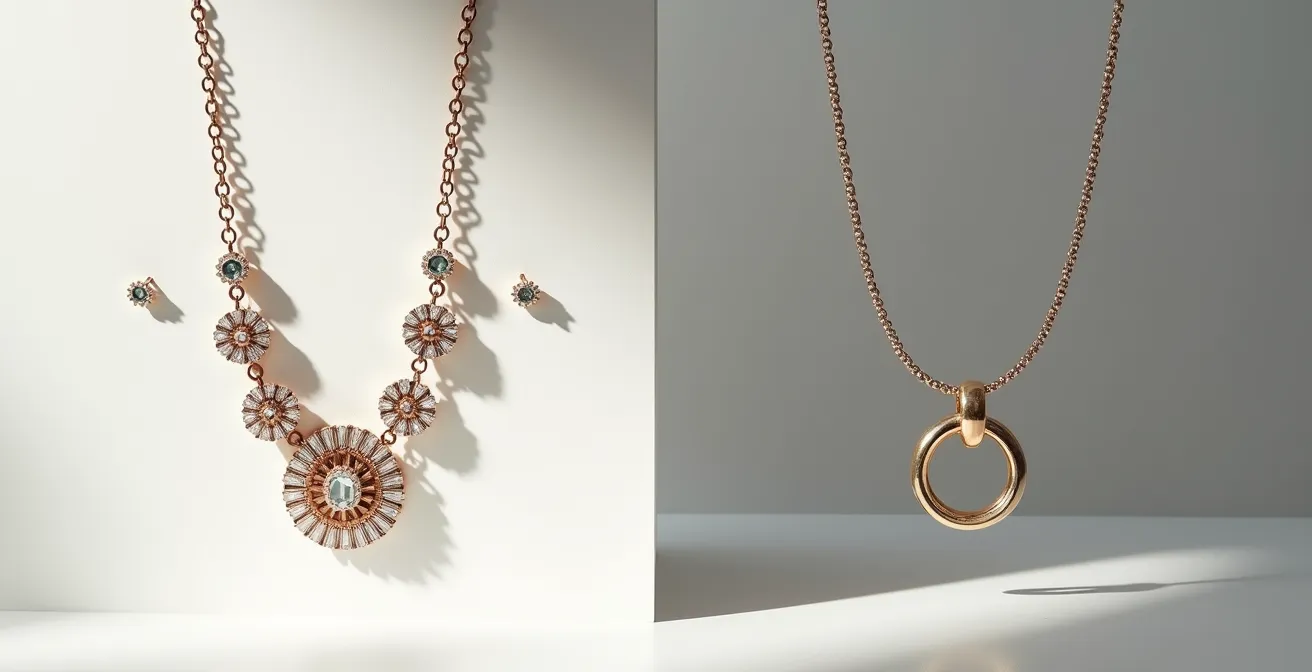 Minimalistische Schmuck-Komposition, die die Balance zwischen einer Statement-Kette und dezenten Ohrringen zeigt.