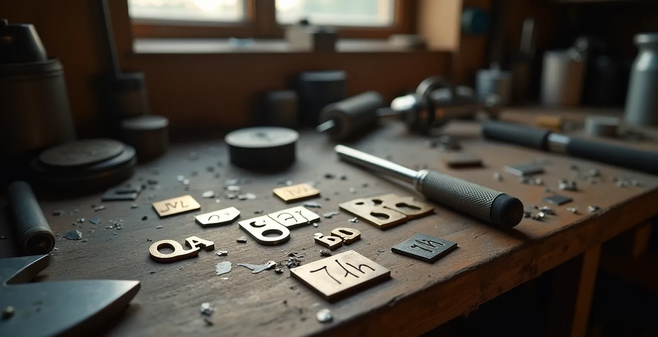 Nahaufnahme eines gravierten Schmuckstücks zeigt die Problematik überlappender Linien bei Schreibschrift-Grossbuchstaben