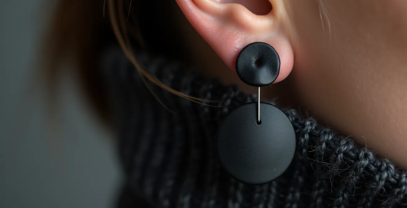 Nahaufnahme von minimalistischem schwarzem Schmuck getragen mit professioneller Kleidung