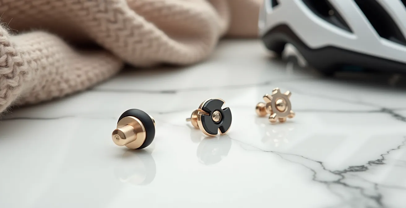 Detailaufnahme von drei sicheren Ohrring-Verschlüssen: Schraubverschluss, Butterfly-Verschluss mit Silikon und Alpha-Sicherheitssystem.