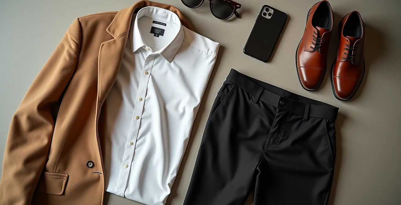 Ein aufgeräumter Kleiderschrank, der eine sorgfältig kuratierte Capsule Wardrobe mit hochwertigen Basics in neutralen Tönen zeigt.