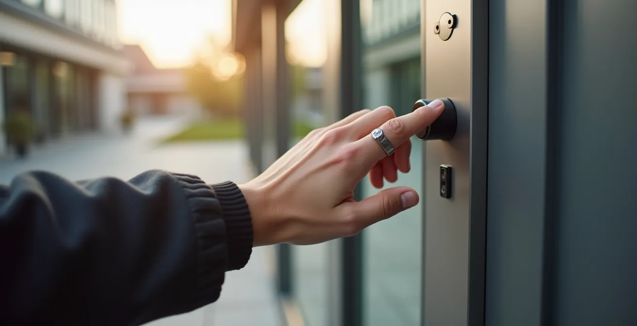 Ein minimalistischer Smart Ring an einer Hand in einer typisch deutschen, modernen Umgebung, der Funktionalität und Design verbindet.