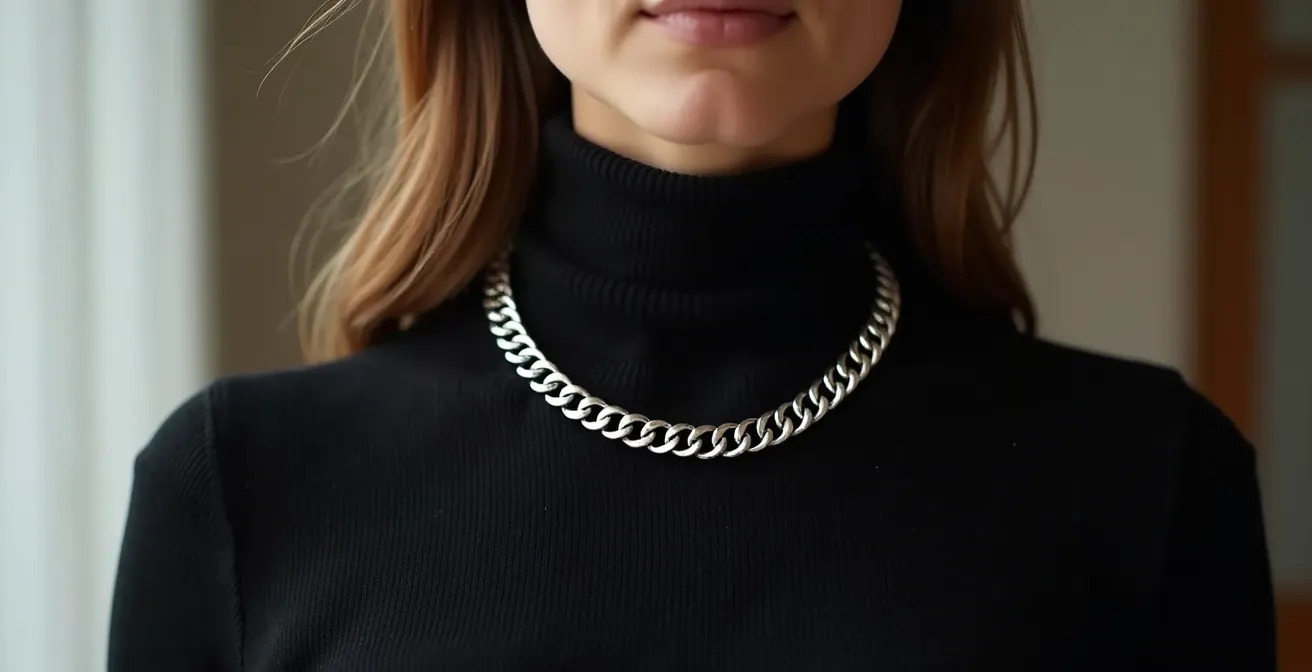 Minimalistische Statement-Kette auf schwarzem Rollkragenpullover