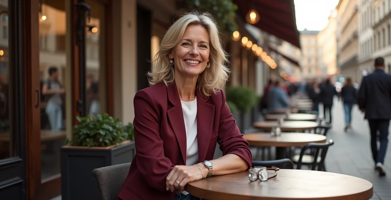 Stilvolle Frau in einem Berliner Strassencafé, die einen eleganten Blazer mit lässigen Sneakers kombiniert und damit einen modernen Stilbruch zeigt.