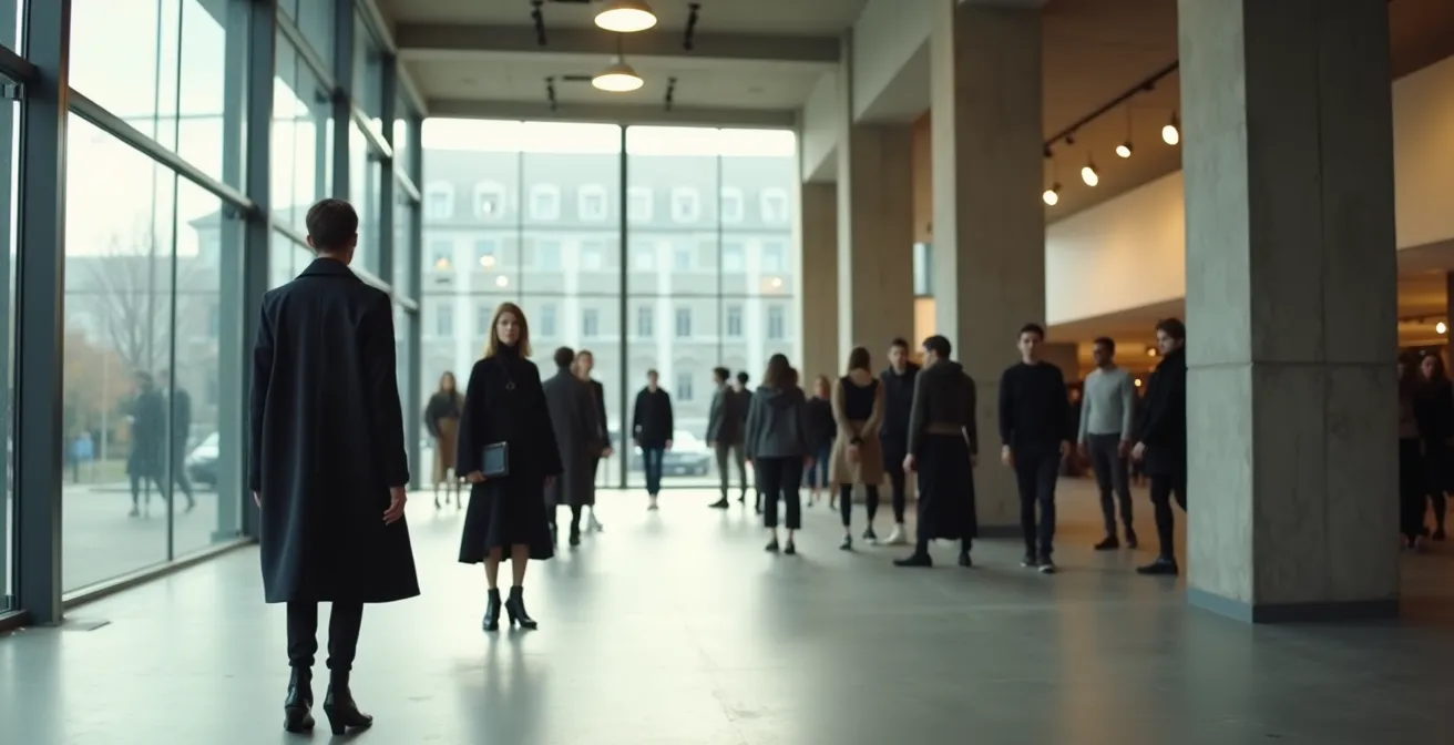 Weitwinkelaufnahme, die den Trend-Adoptionszyklus auf der Berlin Fashion Week darstellt, von Innovatoren im Vordergrund bis zum Mainstream im Hintergrund.