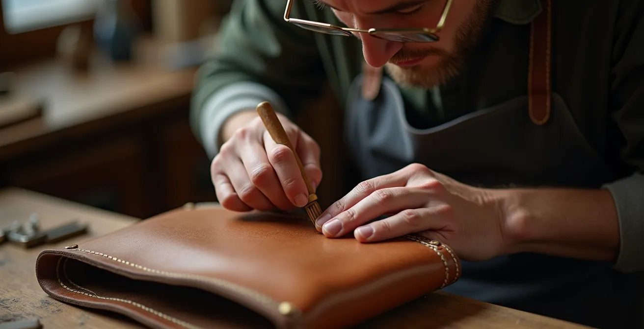 Die Hände eines Handwerkers bei der professionellen Restauration einer Vintage Baguette-Tasche aus Leder.