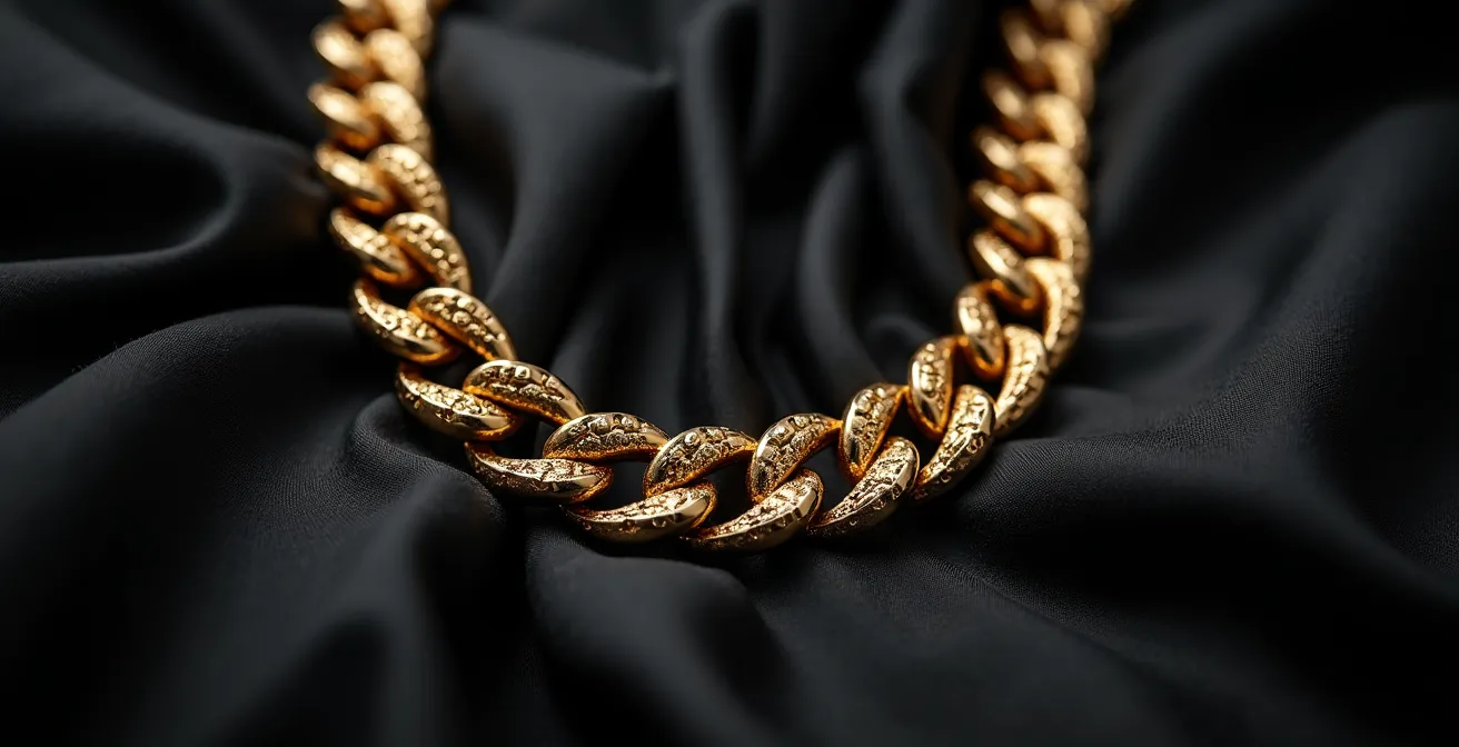 Visueller Ankerpunkt einer goldenen Kette auf schwarzem Stoff